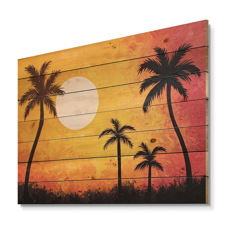 «Sunset Oasis Palm Trees I», art mural traditionnel sur bois de pin naturel, H 24 po x l 32 po