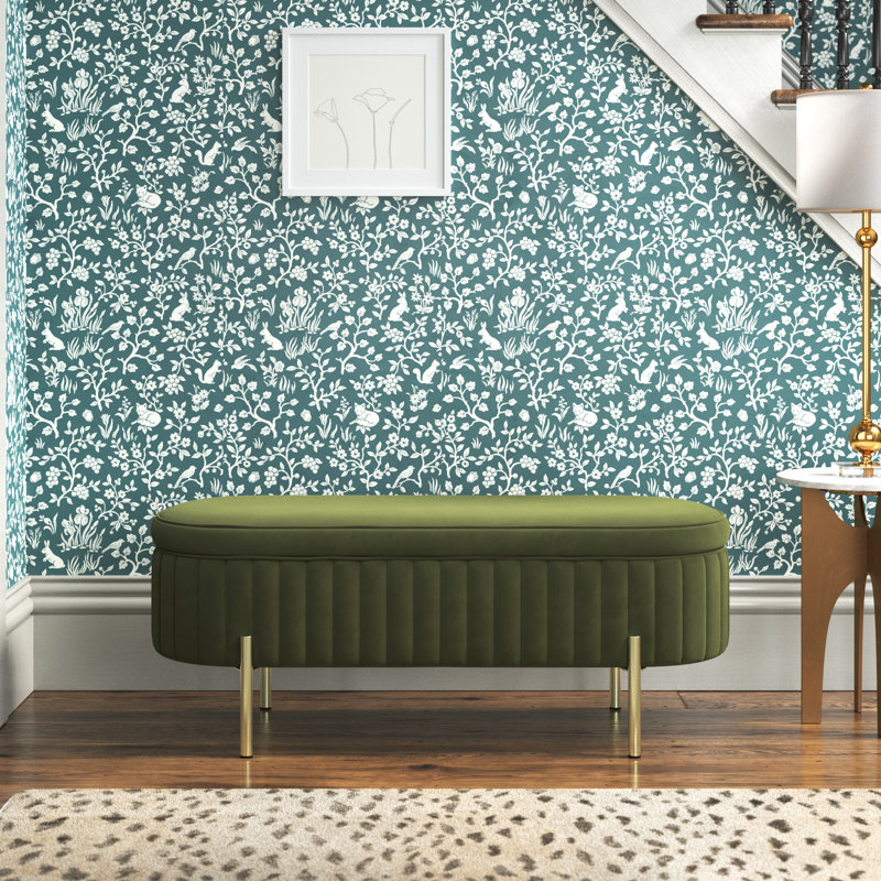 Banc de rangement rembourré Elko Natoma, Velours vert olive