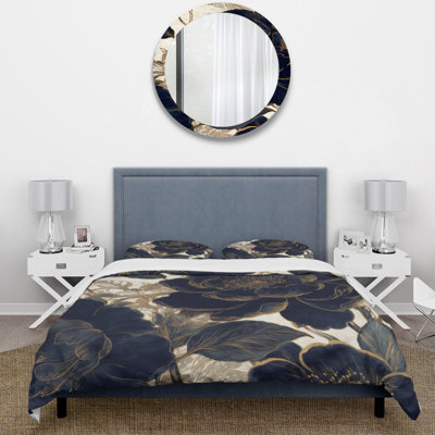 Blue Gold Peonies Celebration I BeddingMicrofiber / Polyester Duvet Cover Set