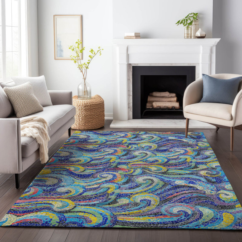 Premium Machine Washable Mayfield AMF193 Abstract Rug, Ocean, 2'6" x 3'10"