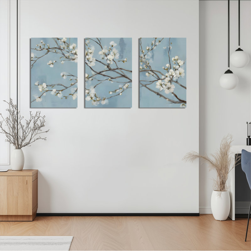 Cherry Blossom Branches Canvas Wrapped Wall Art, Oil Painting Print (Set of 3), 36" H x 72" W