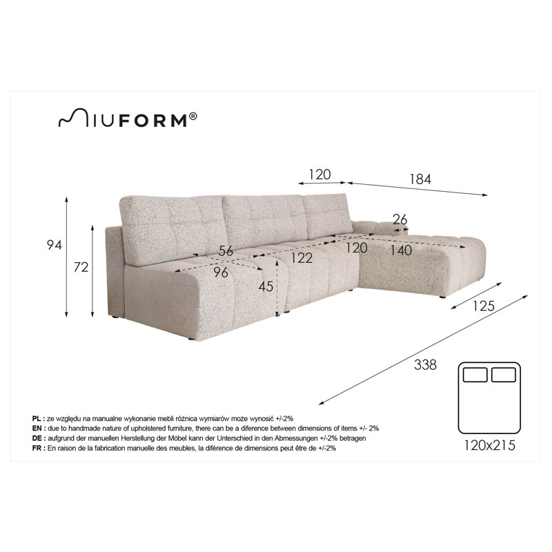 Lulu 5 Seater Corner Sofa Bed, Right -sided, Light gray