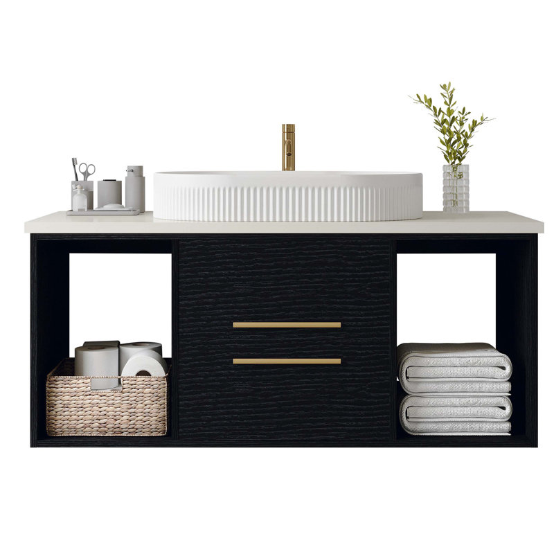 Meuble-lavabo mural avec lavabo ovale en céramique, conception flottante, armoire en bois massif multicouche, tiroirs à fermeture en douceur et rangement ouvert pour les salles de bain modernes