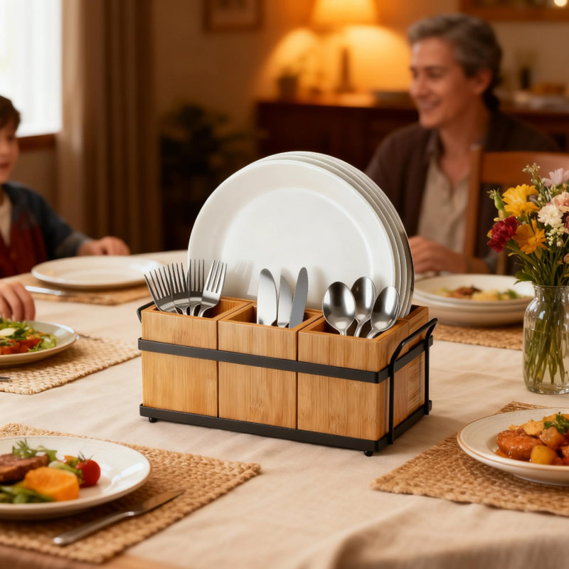 Porte-ustensiles en bambou pour la fête, plateau à couverts en bois avec 4 compartiments amovibles et plateau en métal, porte-ustensiles pour la cuisine, camping, pique-nique, buffet