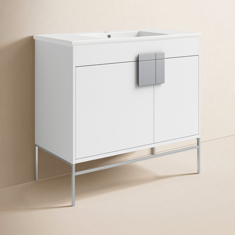 Ensemble de meuble-lavabo simple 36 po Maisie, Peint blanc mat, Chrome poli