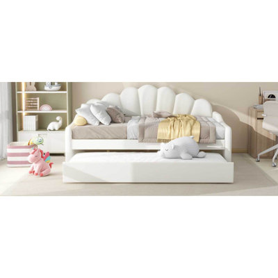 Full Size Upholstery Daybed Frame With Shall Shaped Backrest  And Trundle,White