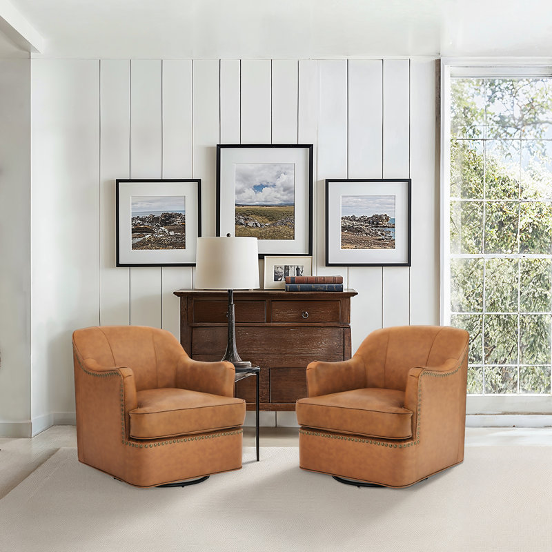 Genuine Leather Swivel Barrel Chairs, Whiskey Brown