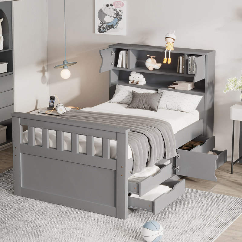 Base de lit plateforme avec bibliothèques de rangement, tablettes et tiroirs Captain, Gris