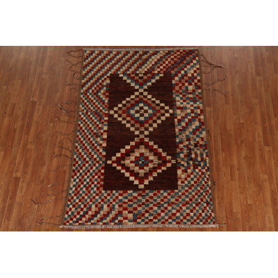 Tapis unique en laine noué à la main 5 pi 4 po x 7 pi 8 po nouvel âge en rouge / beige / bleu