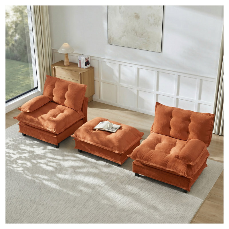 Canapé modulaire en L 77 po avec repose-pieds en chenille orange et siège profond de 77 po pour chambre à coucher