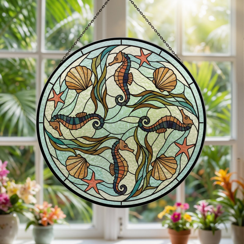 Panneau de vitrail en coquillage Seahorse, H 12 po, 12"H