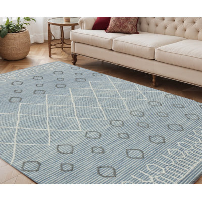 Tapis géométrique crocheté à la main 5 pi x 8 pi bleu gris et ivoire