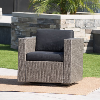 Outdoor Swivel Club Chair - Dark Brown Wicker, Water-Resistant Cushions, Iron Frame -  Hokku Designs, 488902204B514667A32A8BB87F680507