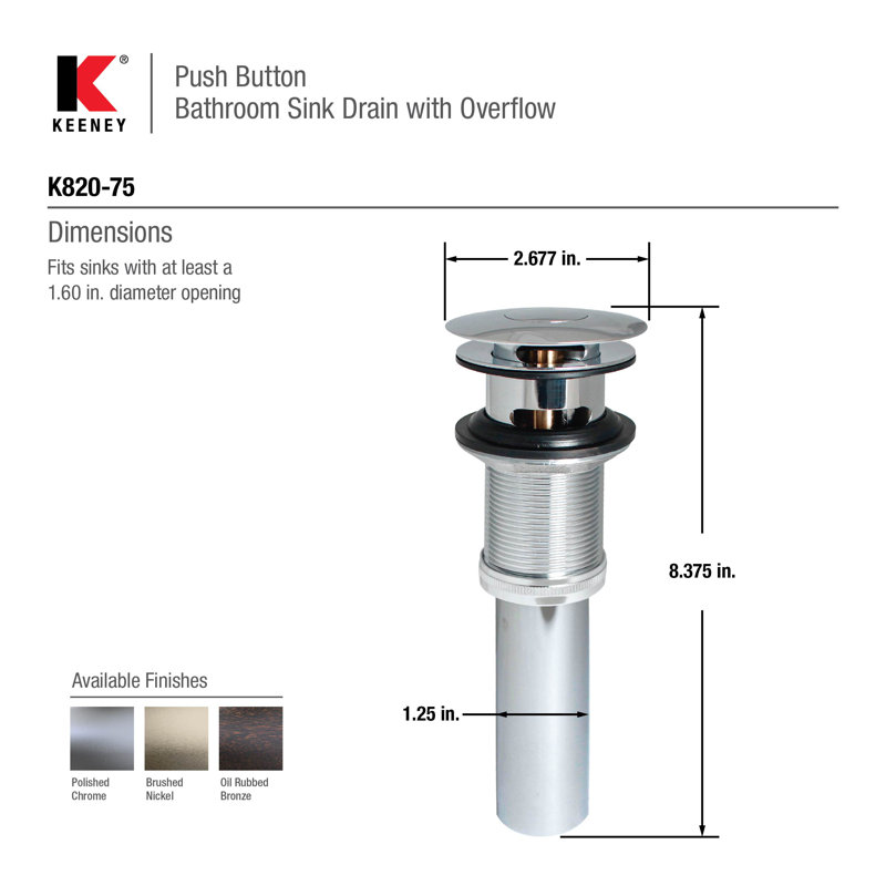 Universal Pop-Up Bathroom Sink Drain with Overflow, Chrome
