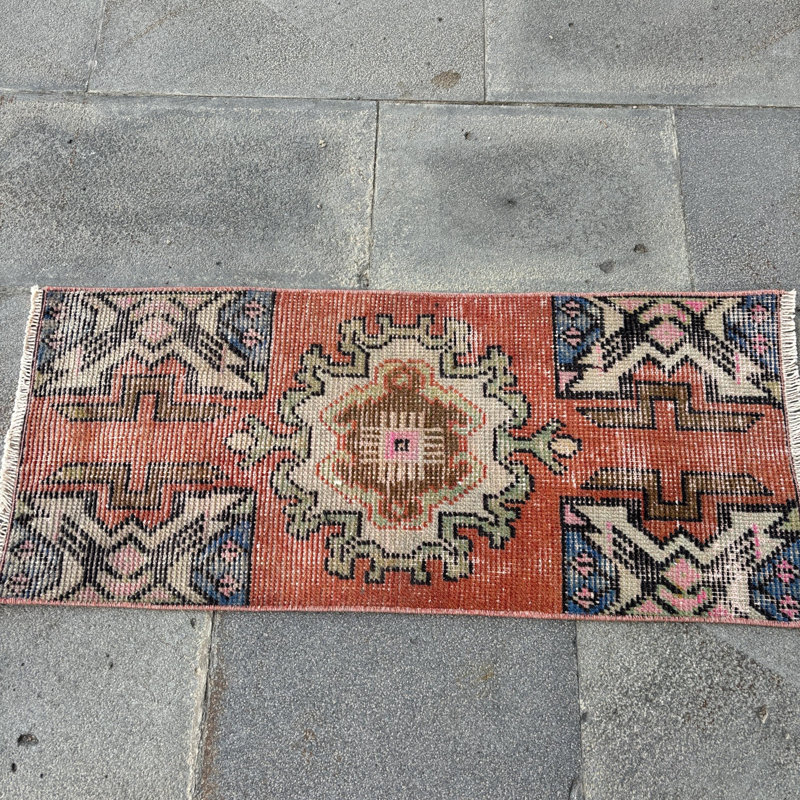 Handwoven Vintage Turkish Rug in Orange with Intricate Geometric Patterns for Boho Decor