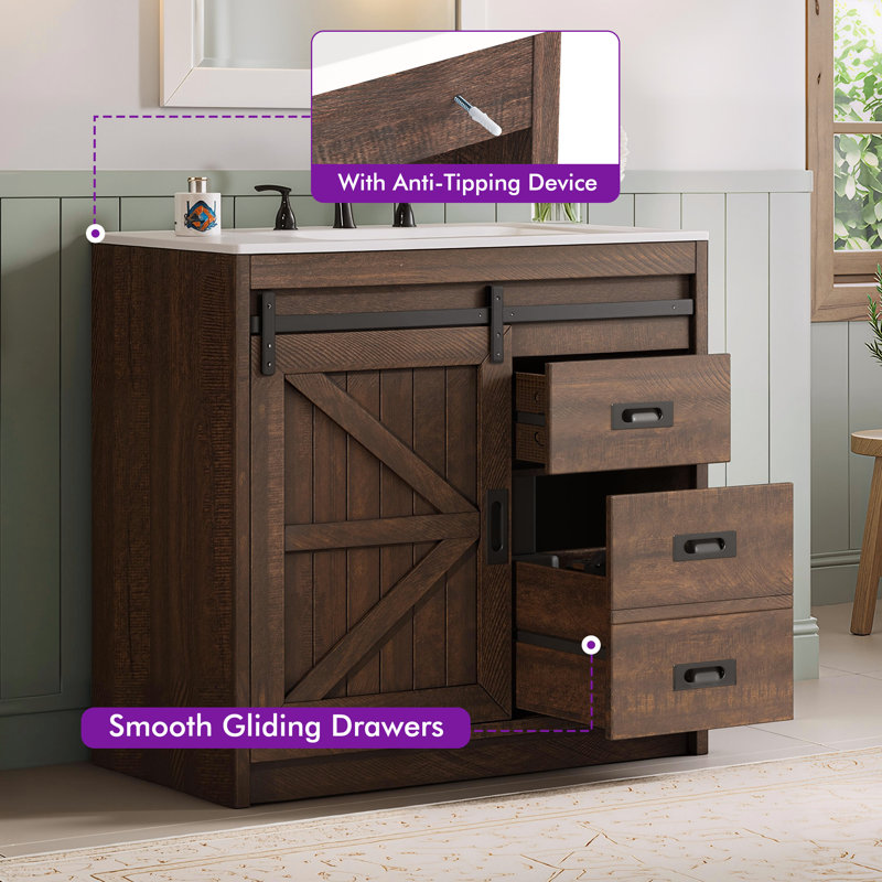 36" Farmhouse Single Sink Bathroom Vanity, Brown, Brown, 36"