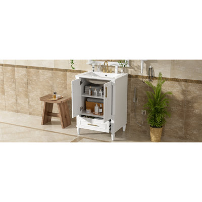 Meuble-lavabo moderne de 24 po avec motif orné et charnières à fermeture en douceur, armoire de salle de bain avec tiroir et structure ouverte à l'arrière, pieds cylindriques français sculptés