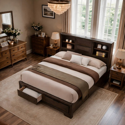 Storage Bed with Bookcase Headboard and Footboard Drawers