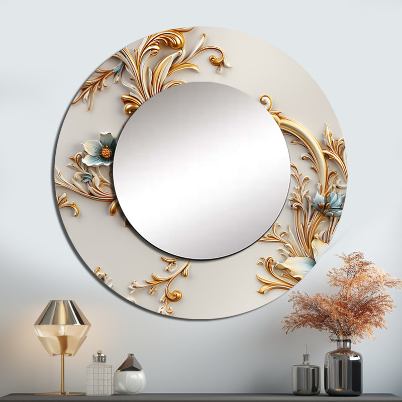 Rhodney Vintage Ornamental Corners Victorian Pattern - damask  Mirror, Gold Round Decorative Wall Mirror, Printed Metal Art