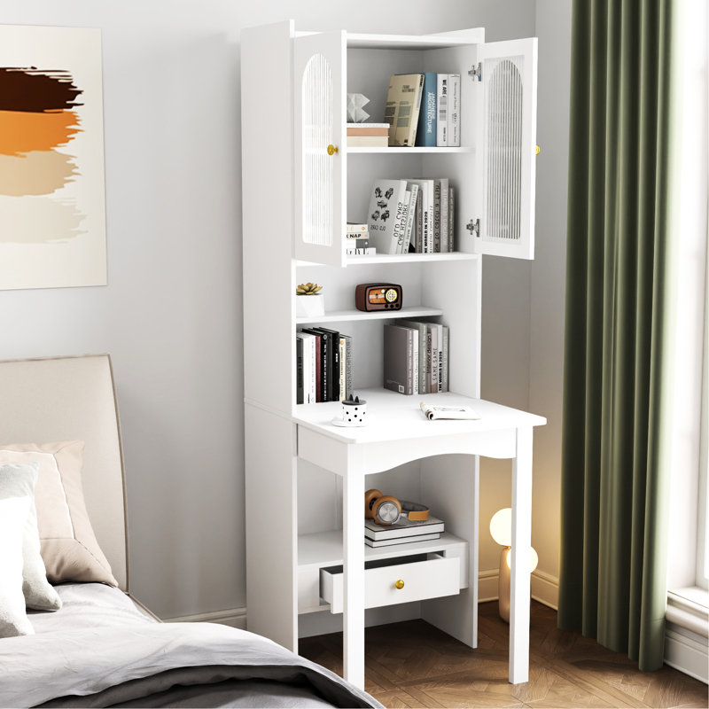 White Fold-out Desk With Storage Shelf And Drawer - Ideal For Home Office Decoration Convertible Cabinet Functional Use