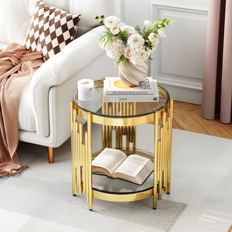 19.69" Round End Table, Two-Tier Tempered Glass And Irregular Cylindrical Stainless Steel Frame, Clear, Gold