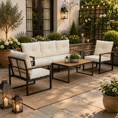 Steel Outdoor Patio Table with PS Wood-Like Top, All-Weather Modern Rectangle Coffee Table for Porch, Balcony, Deck, and Yard