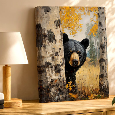 Black Bear In Birch Forest Canvas Print Rustic Woodland Autumn Decor Canvas Wall Art Print, Black Rustic Decorative Artwork For Living Room Bedroom Office, Hallway Gallery Wall Home Decor