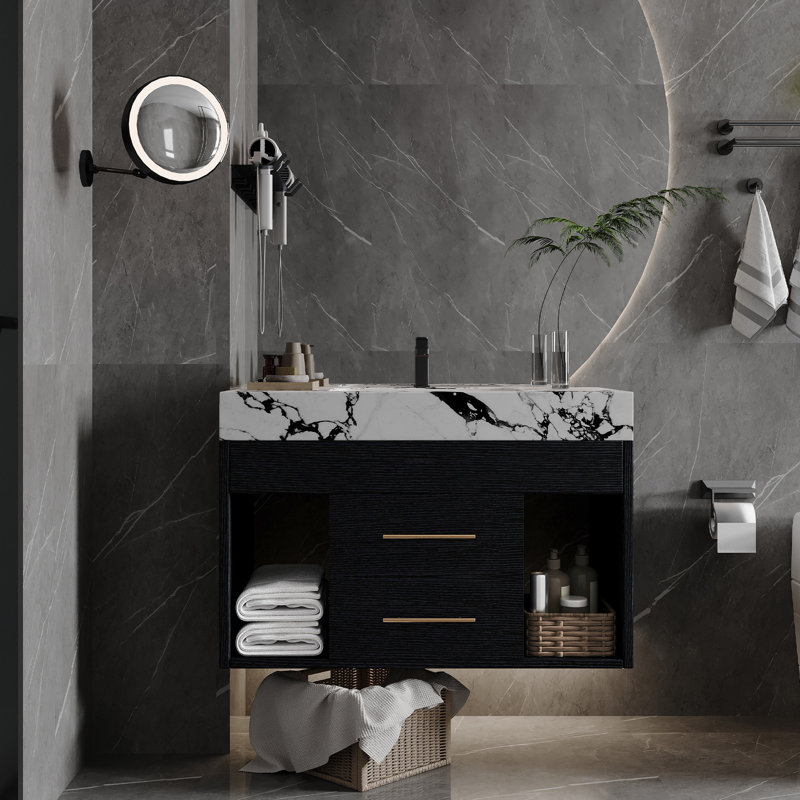 Kaelis 29.9" Modern Floating Vanity With Sintered Stone Top And Ceramic Sink, Black, Black Marbel