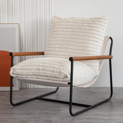 Thickened Corduroy Accent Chair,Wooden Arms Metal Frame
