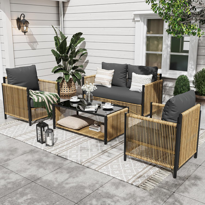 Patio Furniture Set, 4-piece Patio Conversation Set - 2 Outdoor Chairs & 1 Loveseat With Cushions, 1 Coffee Table 