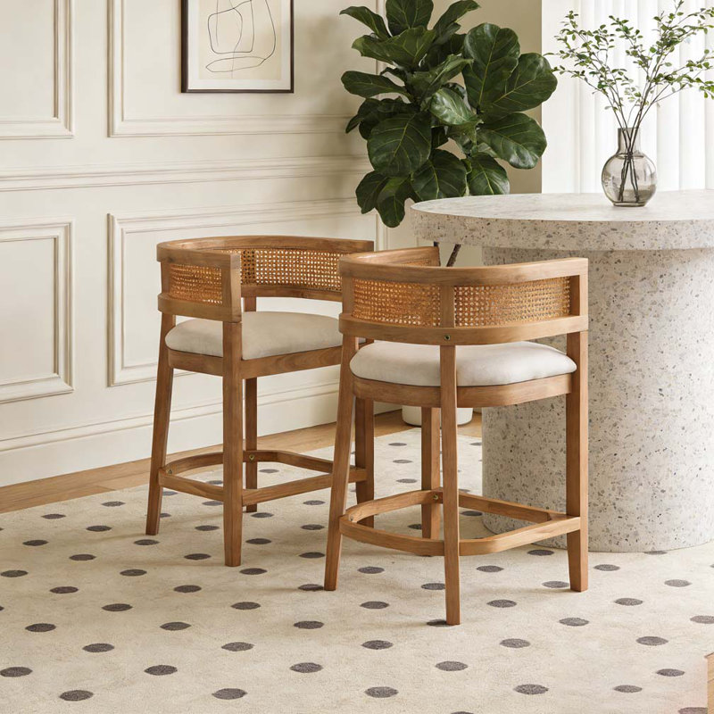 Tabourets de comptoir rembourrés en bois et rotin, Beige, naturel, chêne