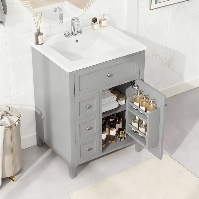 Meuble-lavabo de 24 po avec un tiroir rabattable et 3 tiroirs standards (gris), Gris