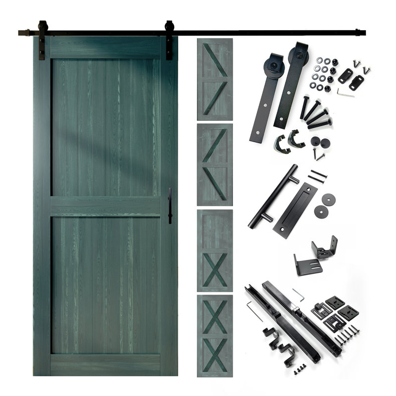 Porte en bois de pin massif 5-en-1 de conception 80 po avec quincaillerie d'installation rustique noire 5 en 1, Pin royal