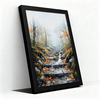 Art mural sur toile Misty Autumn Forest Stream with Stone Steps