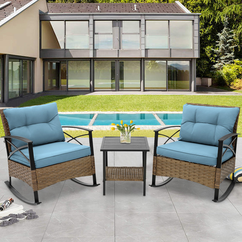 Barbary 3-Piece Brown Rattan Patio Rocking Bistro Set with Blue Cushions