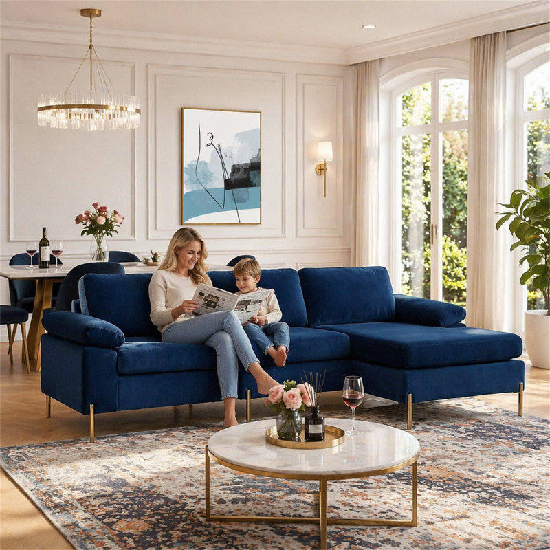 Canapé modulaire en velours avec méridienne Shannon, Bleu