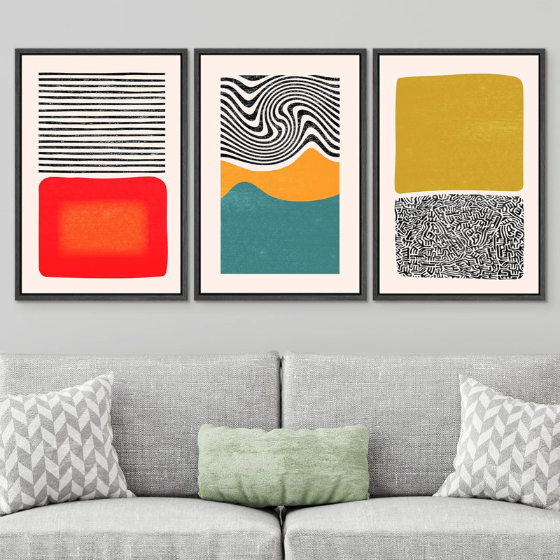 Abstract Vibrant Color Blocks " Mid-Century Color Blocks And Spirals " 3 - Pieces, Black, 36" H x 72" W x 1.5" D