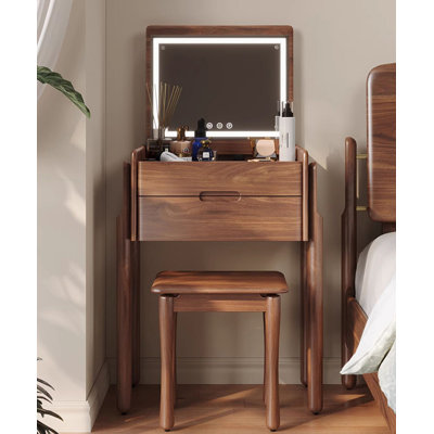 Minimalist Solid Wood Flip-Top Vanity Table with LED Mirror for Small Bedrooms