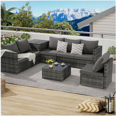 Ensemble de mobilier de patio 6 pièces, ensemble modulaire en L tissé pour l'extérieur, ensemble de conversation en osier avec table d'angle et table en verre pour la piscine