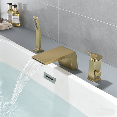 Roman Deck Mount Waterfall Tub Faucet With Handheld Shower, Single Handle, 2-Mode Water Outlet