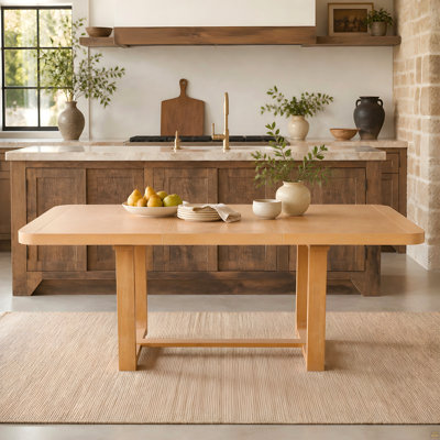 Table de salle à manger extensible en bois massif, table de cuisine rectangulaire de 60 à 84 pouces avec coins arrondis, rallonge amovible, garniture de rainure, base et coussins de pieds, coussin naturel et beige