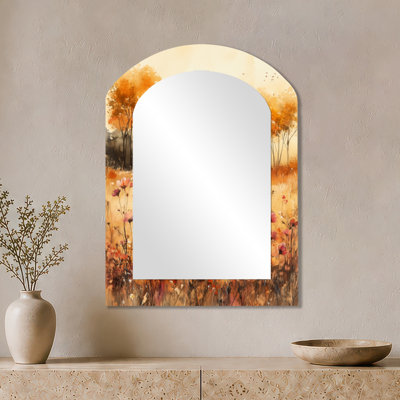 Cottage Oversized Wall Mirror – Pink and Yellow Wildflowers Meadow Horizon, Metal Print