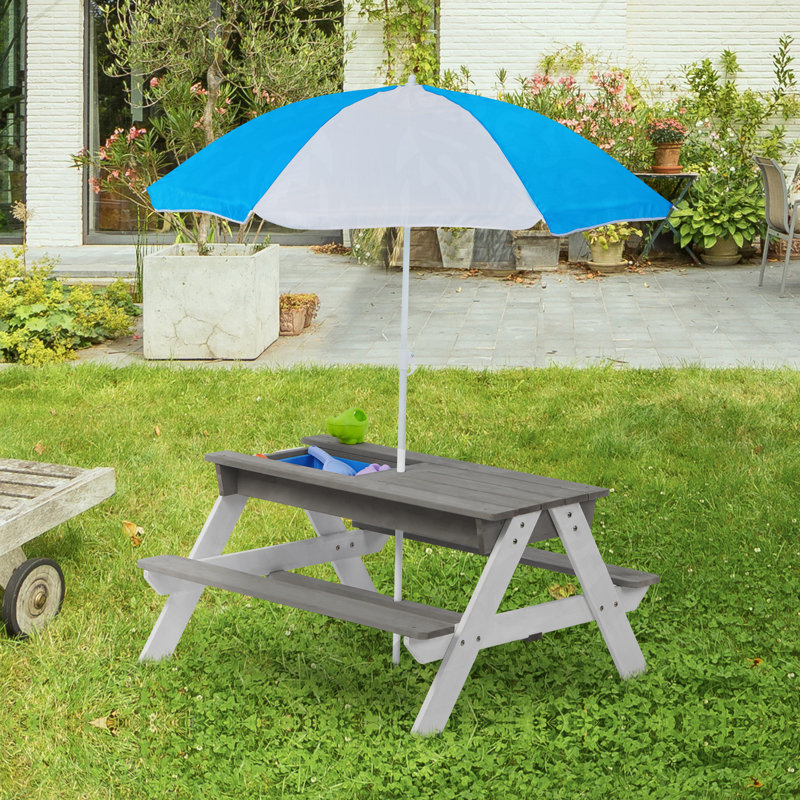 Versatile Wooden Kids Outdoor Activity Table with Umbrella and Multiple Functions