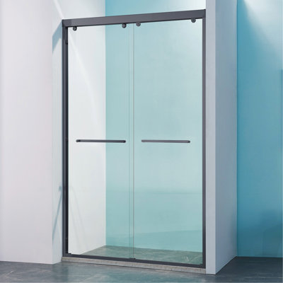 Porte de douche coulissante double l 44 à 48 po x H 75 po, cadre en alliage d'aluminium noir mat, verre trempé clair de 5/16 po (8 mm) de large épaisseur.