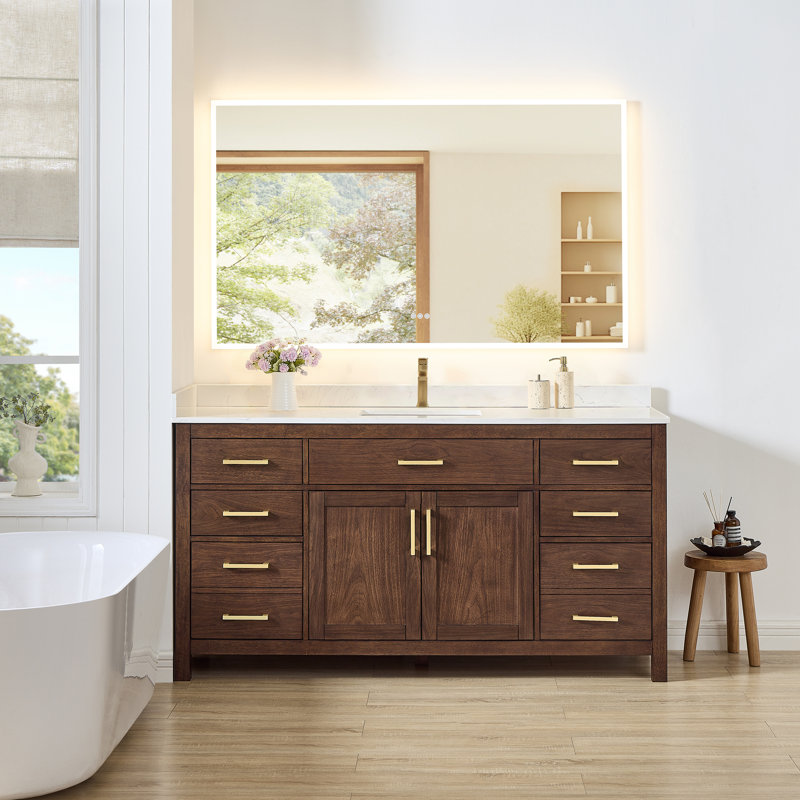 Beckett 66" Freestanding Single Bathroom Vanity with Cultured Marble Top, Whitewashed Oak, Brushed Gold