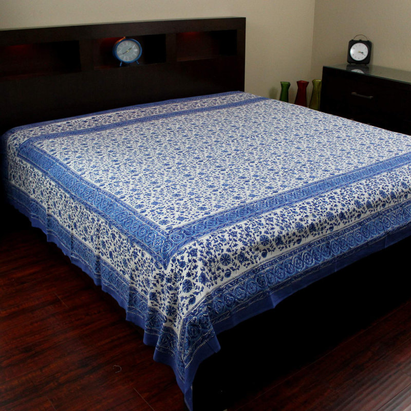 Cotton Block Print Floral Tablecloth Rectangle Blue White, 106" x 70"