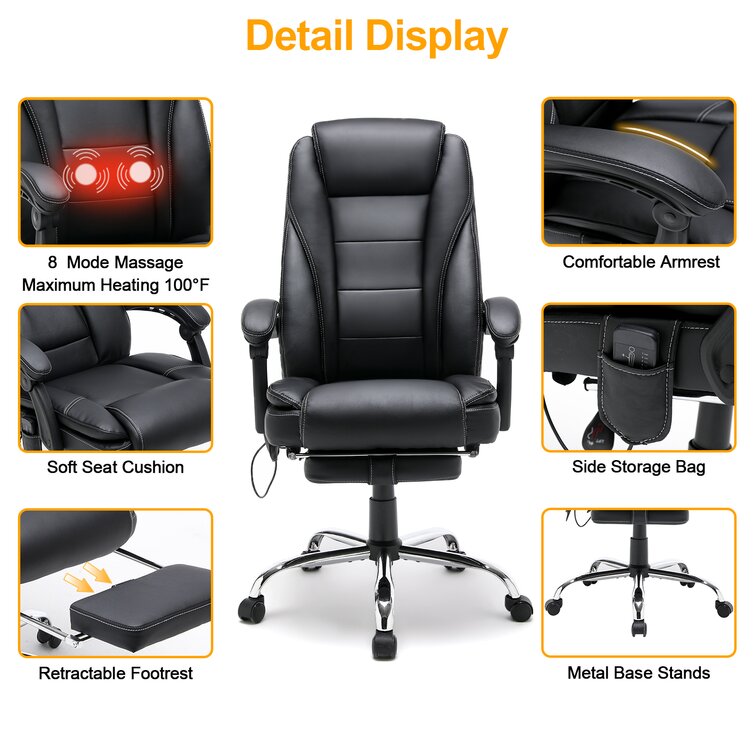  Paddie Ergonomic Executive Massage Office Chair, High-Back PU  Leather Desk Chair with Heated 6 Point Vibrating, Swivel Rocking Chair with  Padded Armrest and Adjustable Height (Black) : Office Products