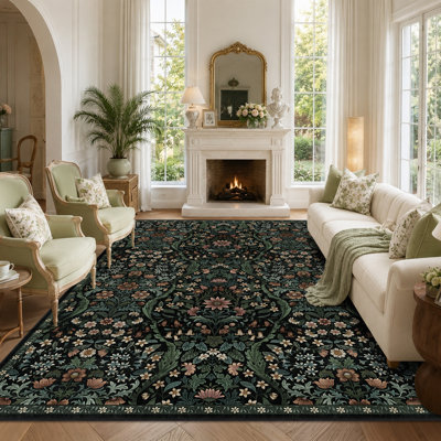 Washable Area Rug - Vintage Boho Botanical Low-Pile Rug