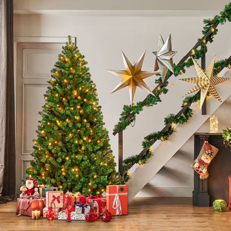 Arbre de Noël artificiel épinette vert pré-éclairé avec base pliable, H 6 pi