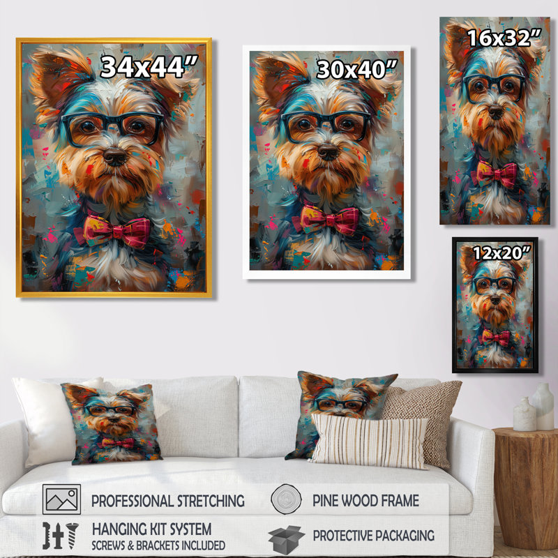 Curieux Shih Tzu rose et gris avec lunettes II - décoration murale chien, H 12 po x l 20 po, Encadrement argenté